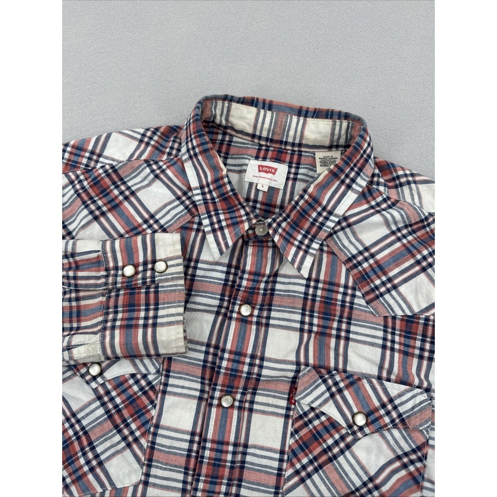Levi's‎ Long Sleeve Pearl Snap Shirt Men's L Orange Plaid Western Cowboy Casual